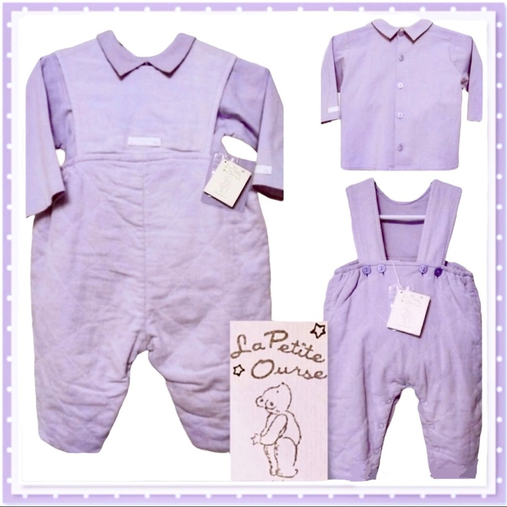 🆕 Lavender LA Petite Ourse Overalls + L/S Button Down Top Set 0-6mos NWT